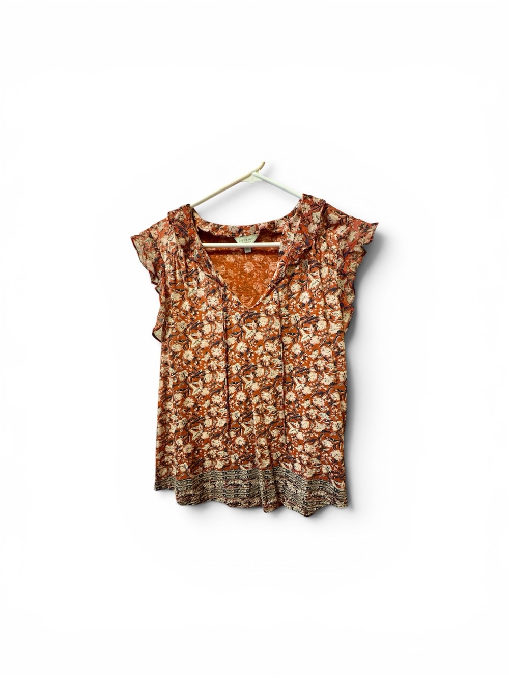 Lucky Brand Red/Rust Floral Ruffle V-Neck Top